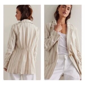 Free People Fern Linen Oversized Blazer Size XS Beige Stripe Boho Relaxed Casual